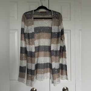 Belldini Striped Sequin Open-Front Cardigan - Gray, Cream, Brown